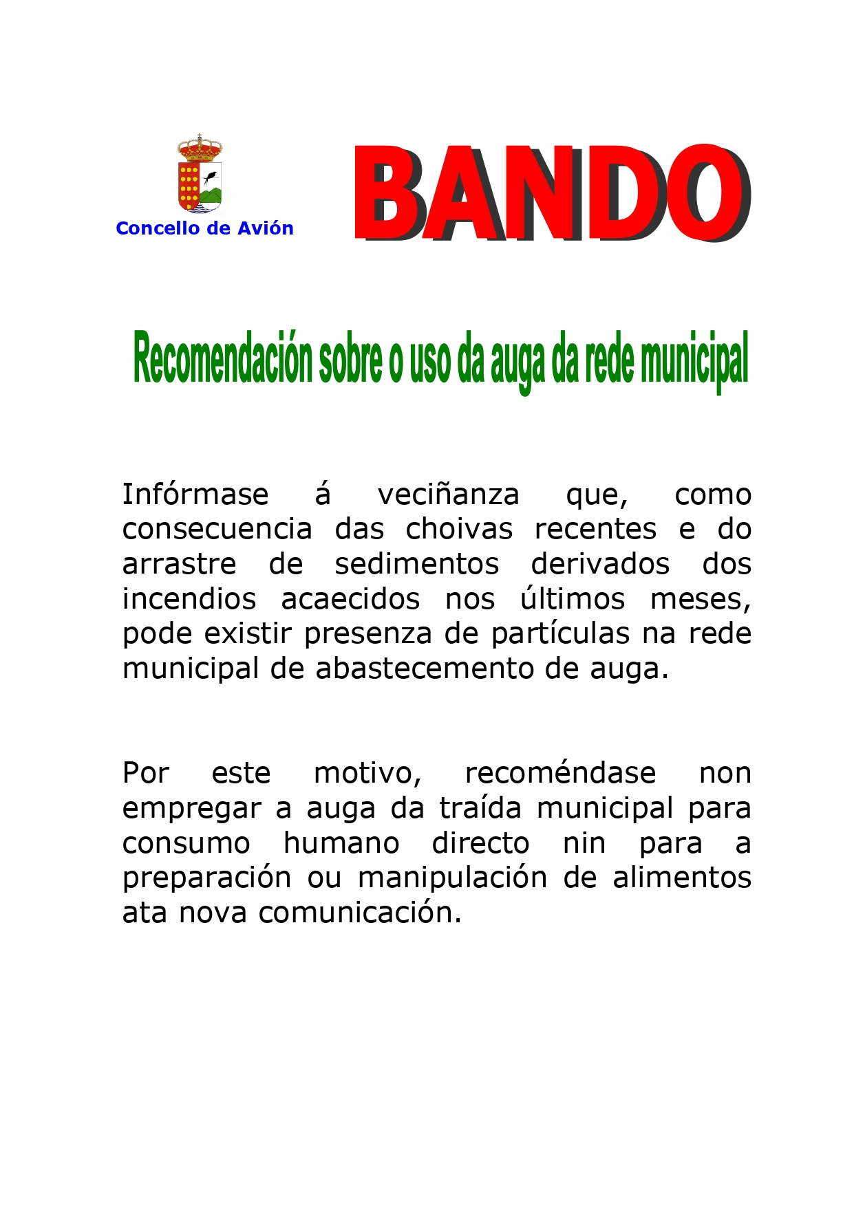 BANDO RECOMENDACION SOBRE O USO DA AUGA DA REDE MUNICIPAL