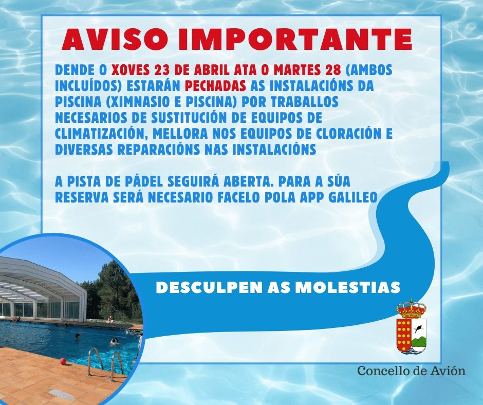 AVISO IMPORTANTE SOBRE AS INSTALACIÓNS DA PISCINA MUNICIPAL