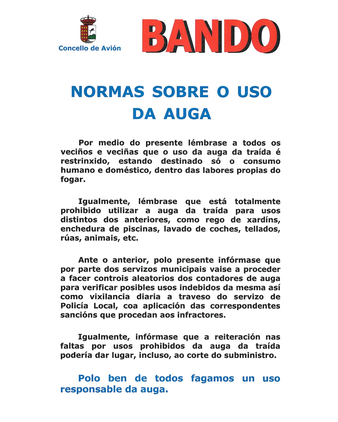 BANDO SOBRE O NORMAS DO USO DA AUGA