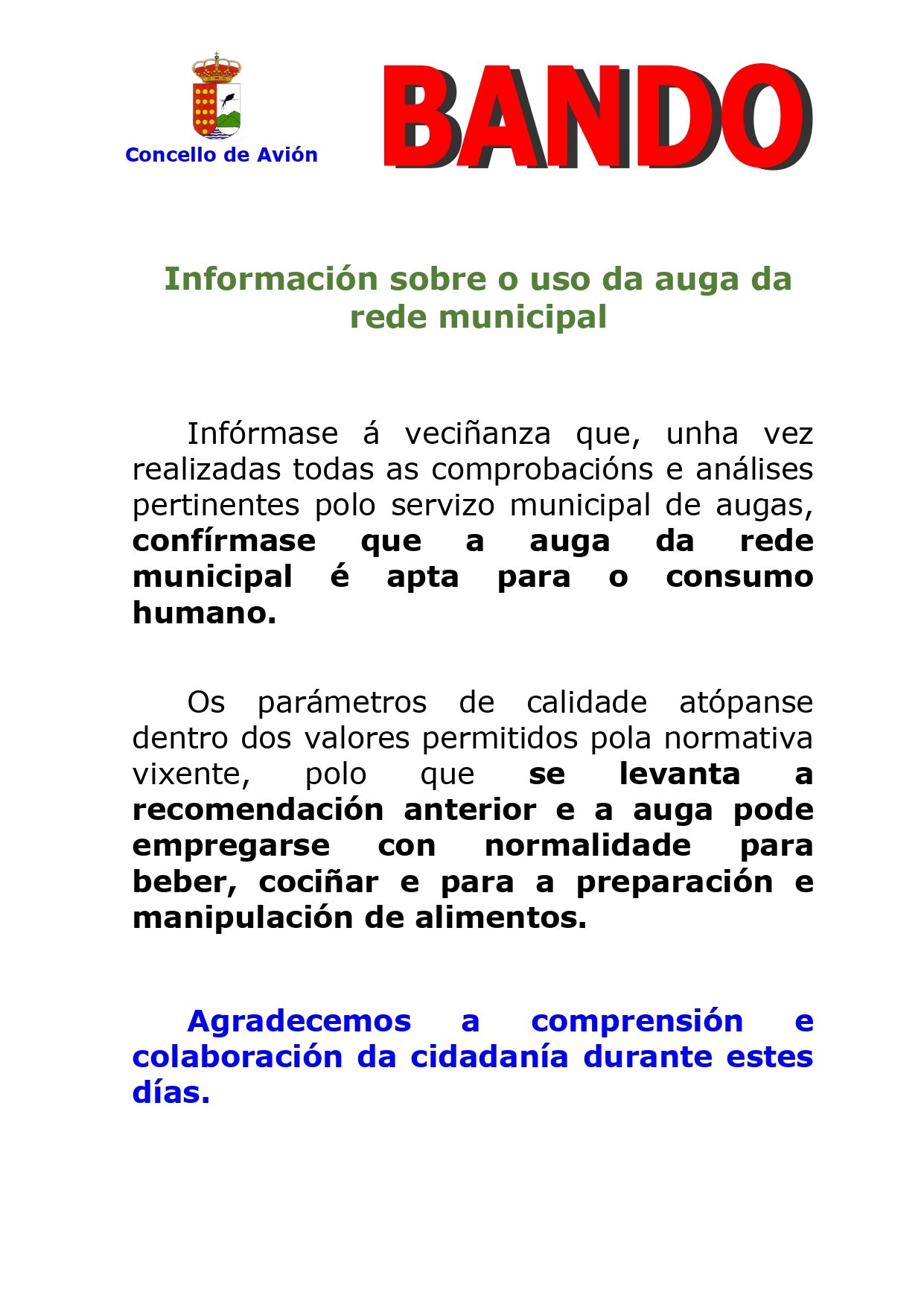 BANDO SOBRE A SITUACIÓN APTA DA AUGA DA REDE MUNICIPAL